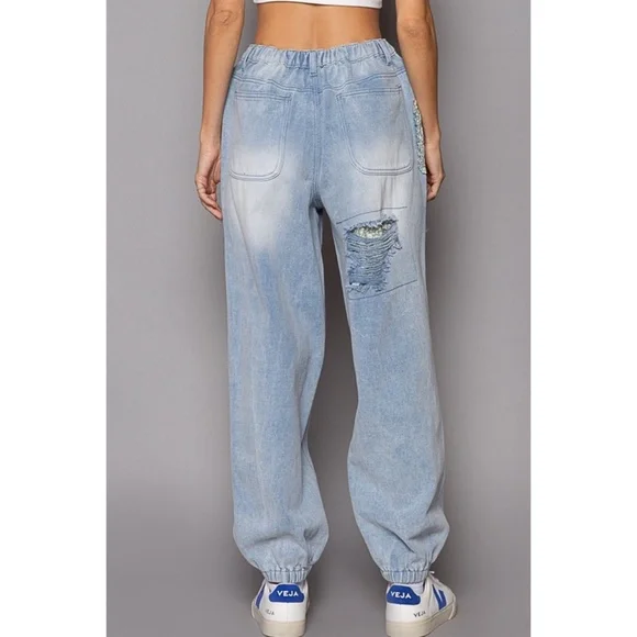 POL Light Wash Patchwork Boyfriend Jogger Jeans Lightweight - Picture 6 of 13